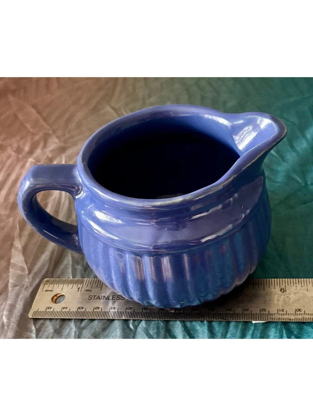 Vintage Cobalt Blue Pottery Creamer Pitcher Ribbed Ceramic Farmhouse